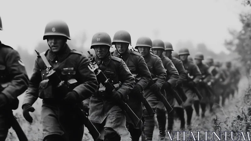 Marching soldiers advance through misty countryside terrain