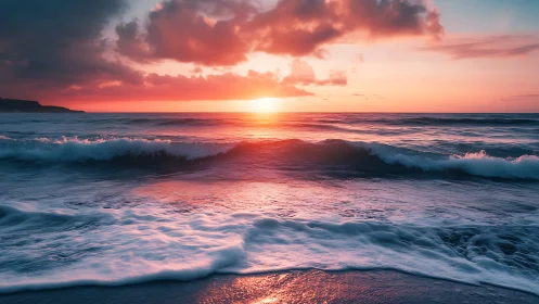 Sunset over ocean waves with foamy shoreline in view.