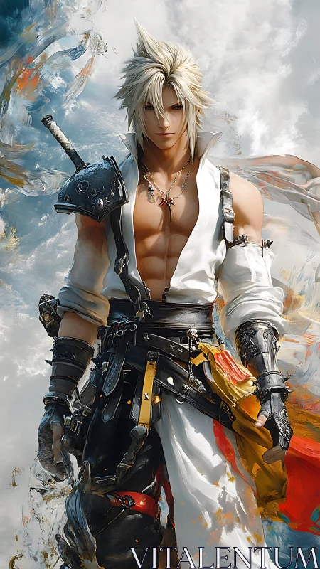 White-haired anime warrior stands in swirling sky light.