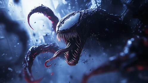 Symbiotic alien predator lunges through neon-drenched city fog.