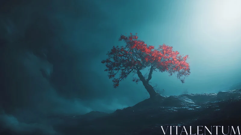 Scarlet dreamtree leaning into turquoise stormlight hush.