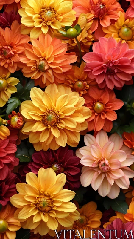 Layered dahlia blooms in warm color spectrum arrangement.