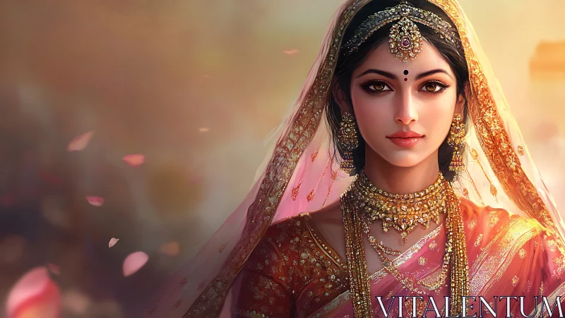 Regal Indian bride stands in ornate golden sunset light