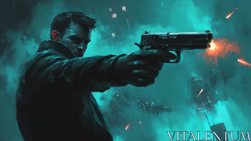 Man fires handgun in teal-lit urban environment at night