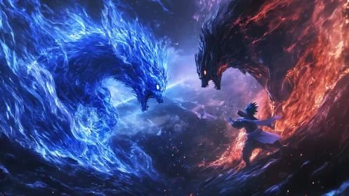 Elemental dragon duel with lone warrior between fire and ice.