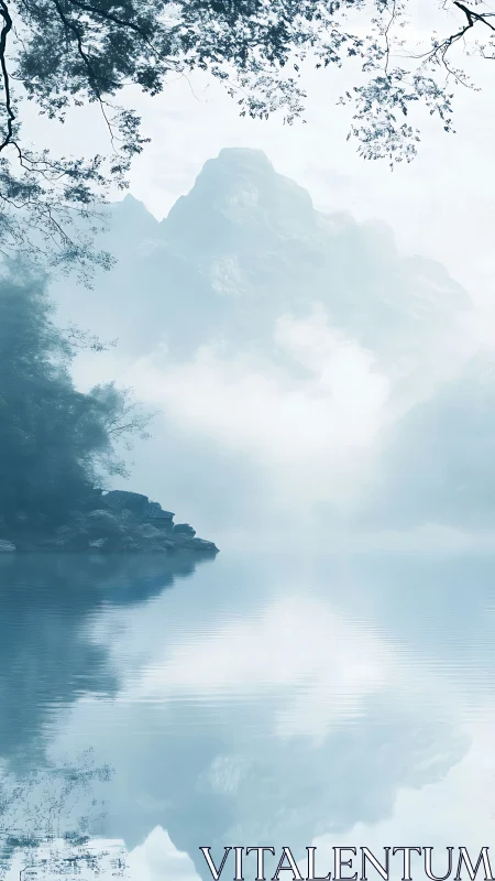 Mist-draped mountain dreaming above a whisper-quiet lake.