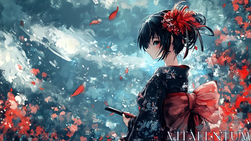 Kimono-clad girl in floral anime portrait with dynamic bokeh