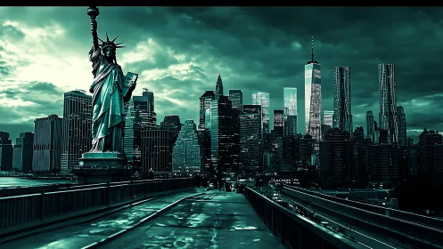 Dramatic teal-toned skyline with Statue of Liberty and wet roadway