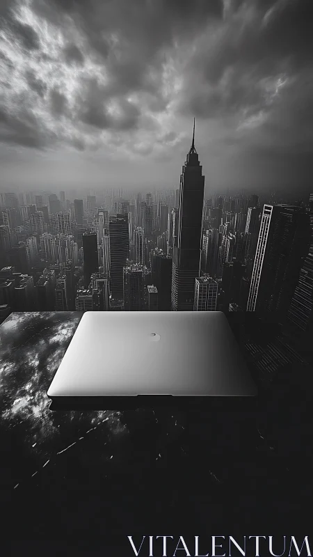 Closed laptop rests over stormy monochrome city skyline