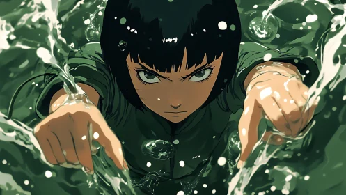 Anime dynamic portrait in immersive aquatic action frame.