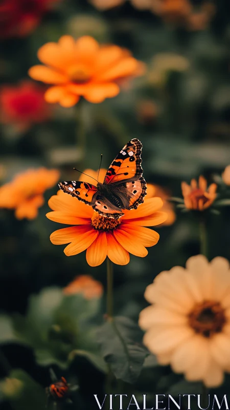 Butterfly poised on vivid orange blossom in soft bokeh garden.