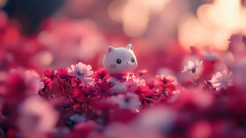 Ceramic Kitten Dreams in a Sea of Pink Blossoms.