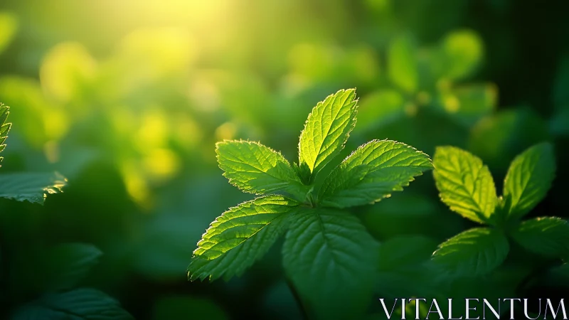 Fresh green mint leaves in morning sunlight, natural macro style.