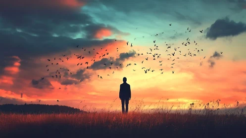 Silhouette of lone figure under vivid sunset sky with birds.