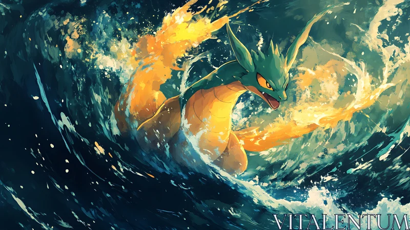 Sea-dragon whips stormlit waves into blazing emerald fury