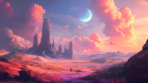 Rock spires under large moon on luminous desert plain.