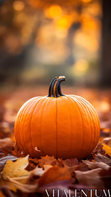 Autumn pumpkin rests on leaf-strewn ground in golden light.
