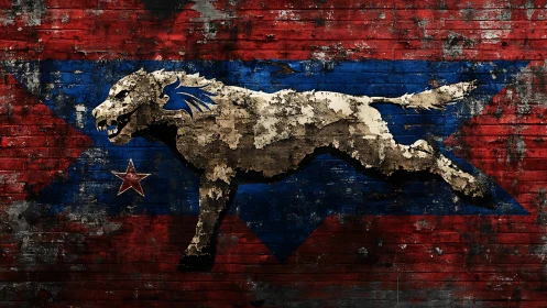 Weathered running wolf mural over distressed red brick wall.