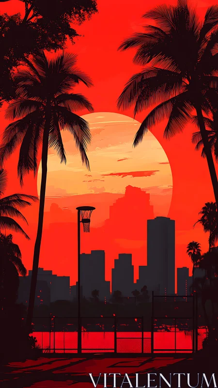 High-contrast sunset cityscape with palm silhouettes and court