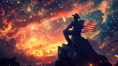 Patriotic figure on summit watching fireworks at sunset sky.