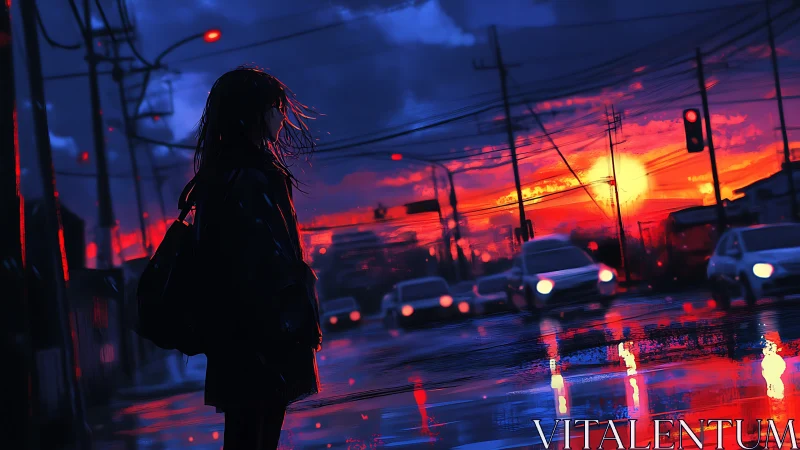 Silhouette girl measures twilight against neon rain streets