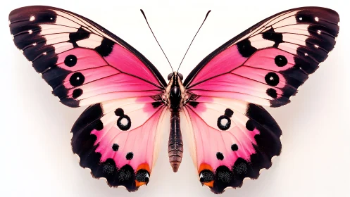 Pink butterfly wings display bold black spots and patterns.