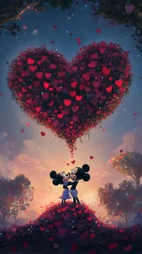 Mickey Mouse silhouette holds giant floating heart of scattered red particles