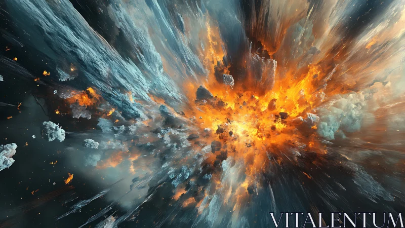 Cosmic firestorm erupts amid drifting ice and shattered rock.