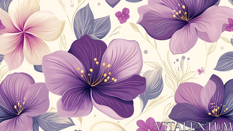 Lush Purple Blooms Dance Across Cream Canvas.