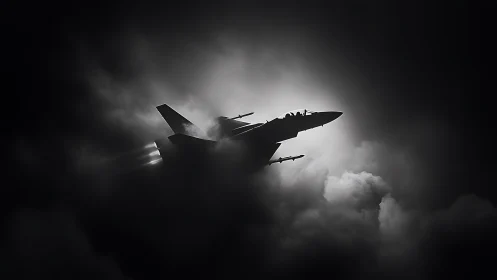 Jet fighter climbs through storm clouds with backlit silhouette