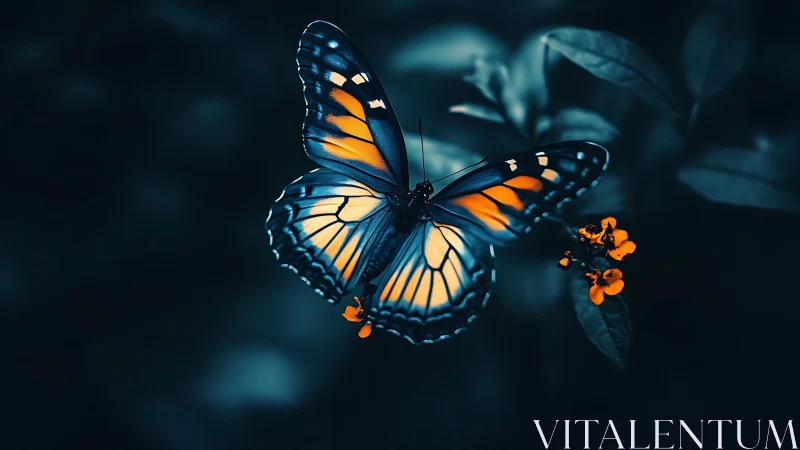 Radiant butterfly hovers in deep blue twilight garden glow