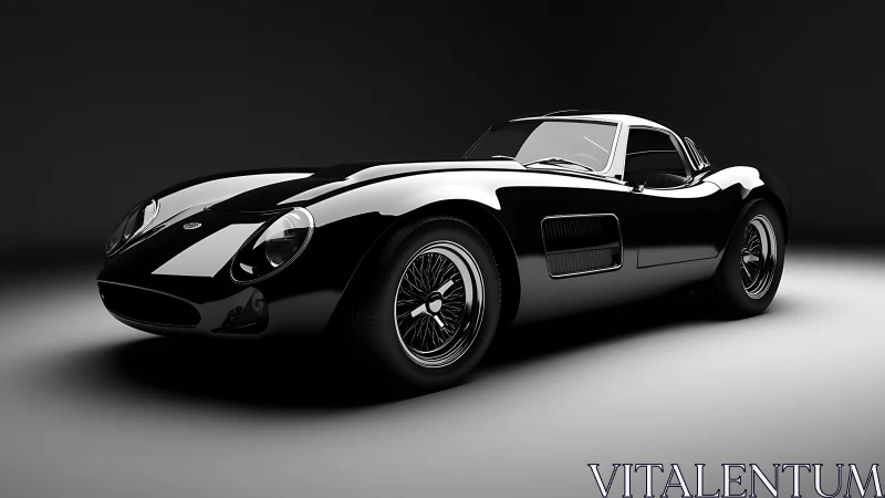 Sleek black classic sports car glows softly in the studio