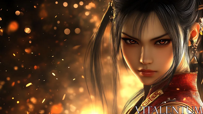 Fierce warrior woman stares through sparks in burning light