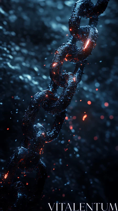 Molten embers crawling along wet forged iron chain links.