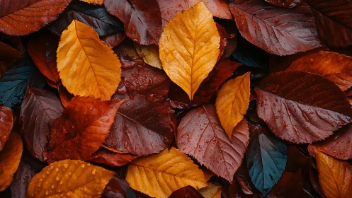 Golden and russet autumn leaves rest softly after rainfall