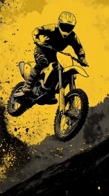 Motocross rider midair against bold yellow splatter backdrop.