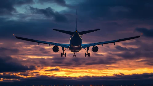 Commercial airliner landing over runway at vivid sunset sky.