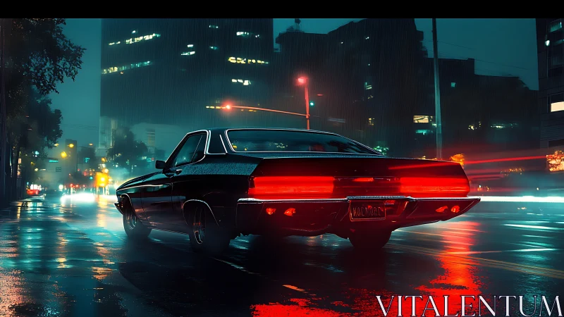 Muscle car under neon rain lights on wet city street.