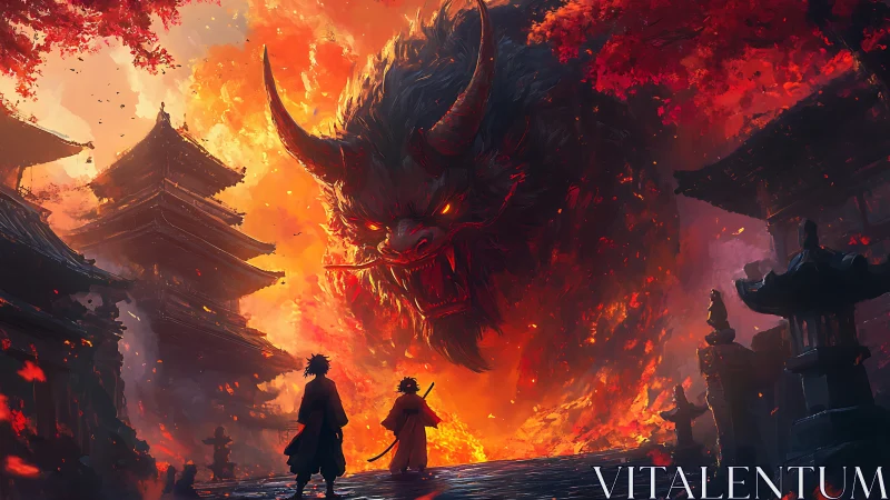 Temple inferno duel beneath a horned oni of living flame.