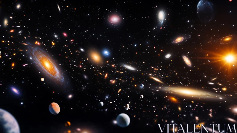 Expansive multiverse scene shows swirling luminous galaxies.