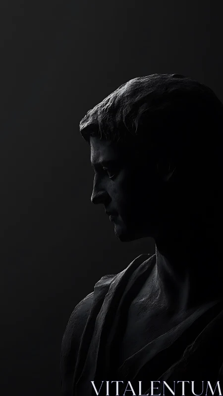 Marble bust profile emerges from deep shadowed void.