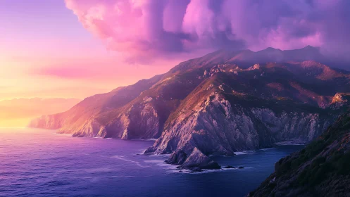 Sunset-drenched cliffs trade secrets with a violet ocean hush