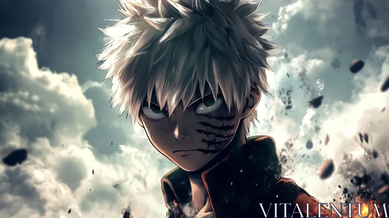 White haired anime warrior faces storm of burning debris.