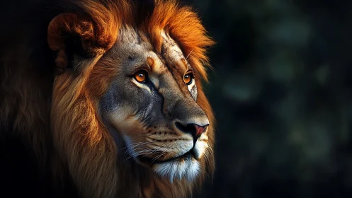 Majestic lion portrait glows against a deep shadowed backdrop