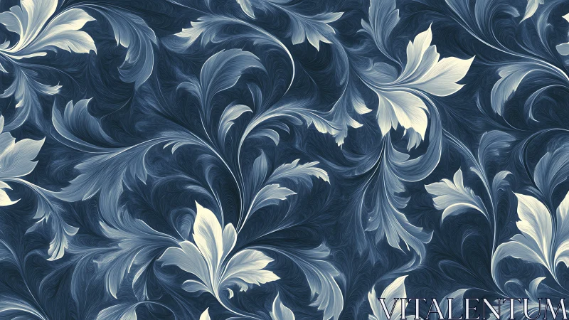 Moonlit feathered foliage swirling across midnight blue.