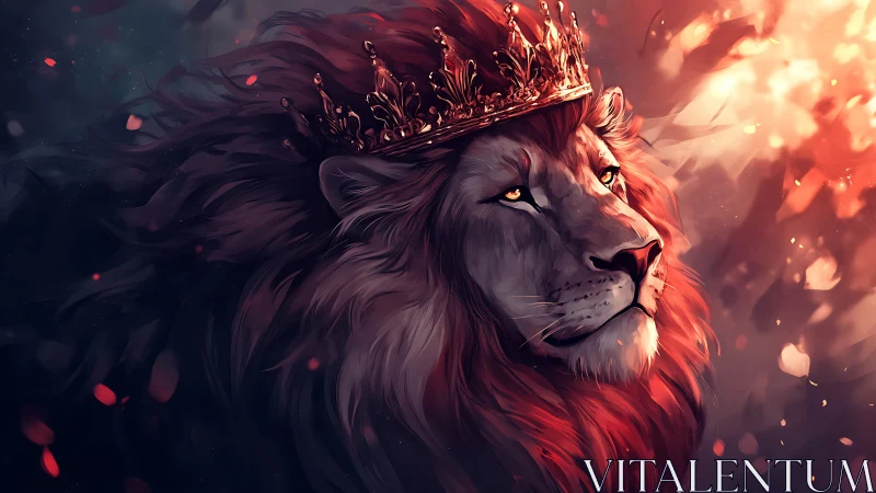Majestic crowned lion glowing in warm twilight embers.