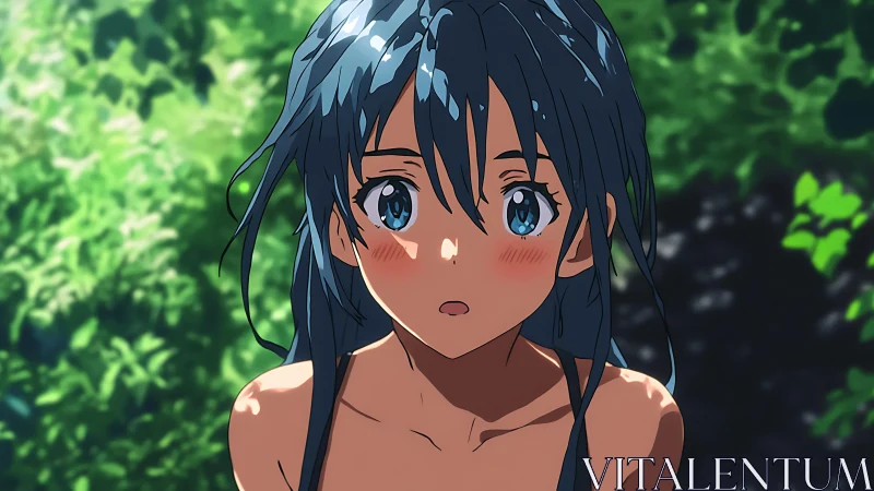 Blue haired anime girl outdoors against blurred foliage.