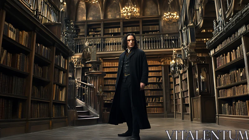 Mysterious scholar strides through a grand enchanted library