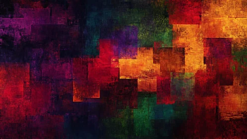 Vivid geometric abstract painting with textured squares and bold colors.