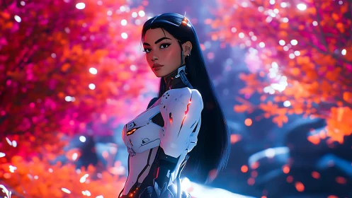 Cybernetic muse wandering through neon blossom twilight.